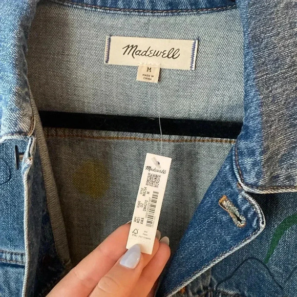 Madewell Cotton Denim Handpainted Floral Jacket Custom T Initial Size M Blue NWT - Picture 3 of 8